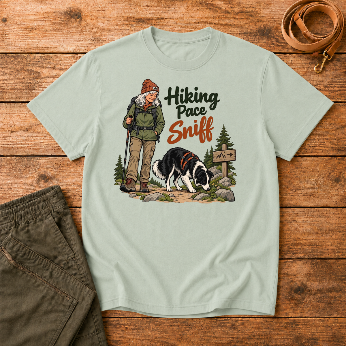 Adventure Dogs Life T-shirt in bay, a muted light green, featuring a hiker and border collie on a mountain trail with "Hiking Pace Sniff" lettering.