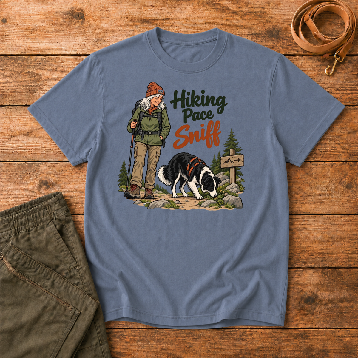 Adventure Dogs Life T-shirt in blue jean, a muted faded medium blue, featuring a hiker and border collie on a mountain trail with "Hiking Pace Sniff" lettering.