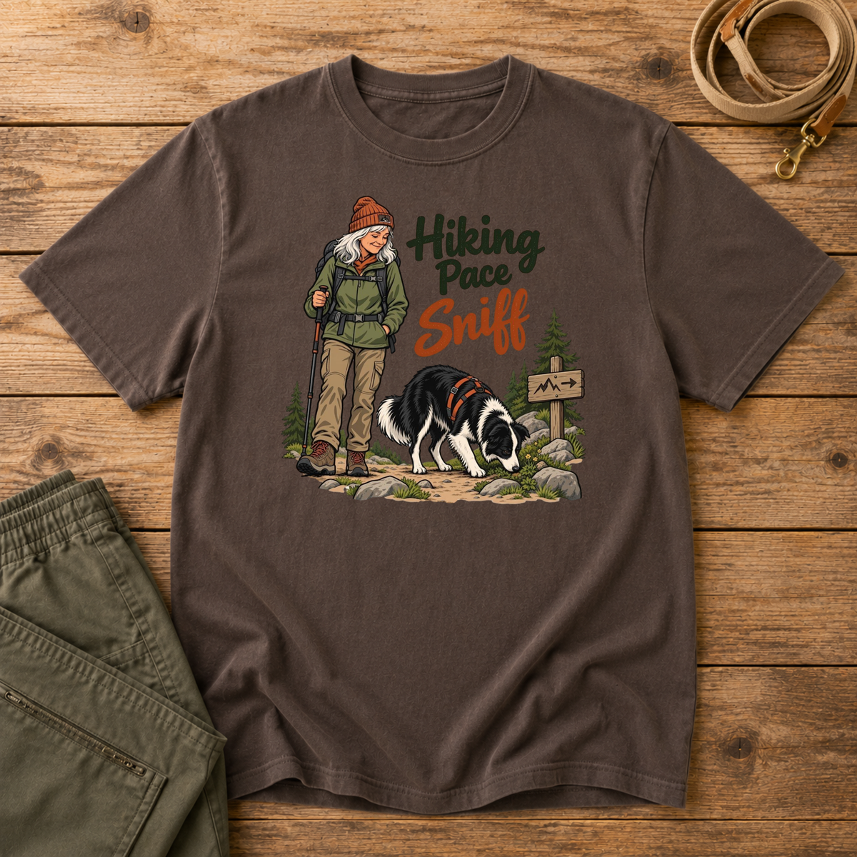 Adventure Dogs Life T-shirt in espresso, a deep coffee brown, featuring a hiker and border collie on a mountain trail with "Hiking Pace Sniff" lettering.