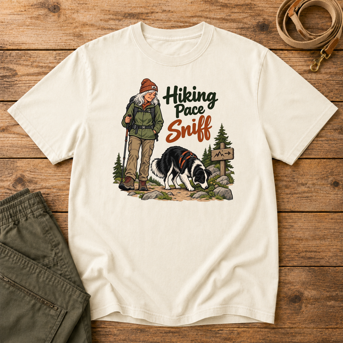Adventure Dogs Life T-shirt in ivory, a warm off white, featuring a hiker and border collie on a mountain trail with "Hiking Pace Sniff" lettering.
