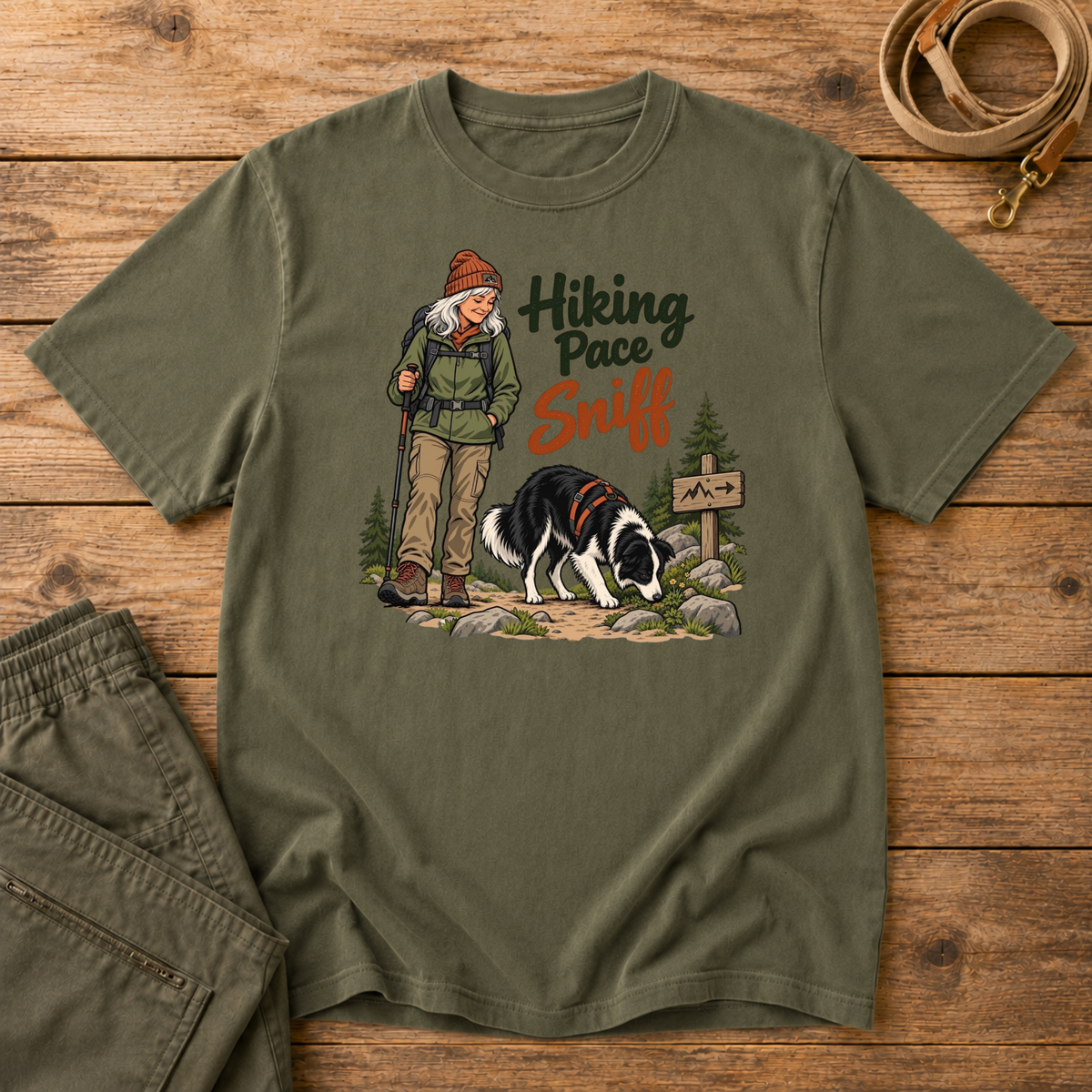 Adventure Dogs Life T-shirt in Moss, a muted olive green, featuring a hiker and border collie on a mountain trail with "Hiking Pace Sniff" lettering.