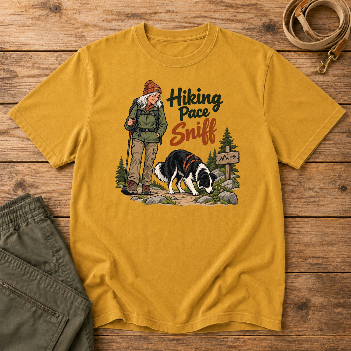Adventure Dogs Life T-shirt in mustard, a warm golden yellow, featuring a hiker and border collie on a mountain trail with "Hiking Pace Sniff" lettering.