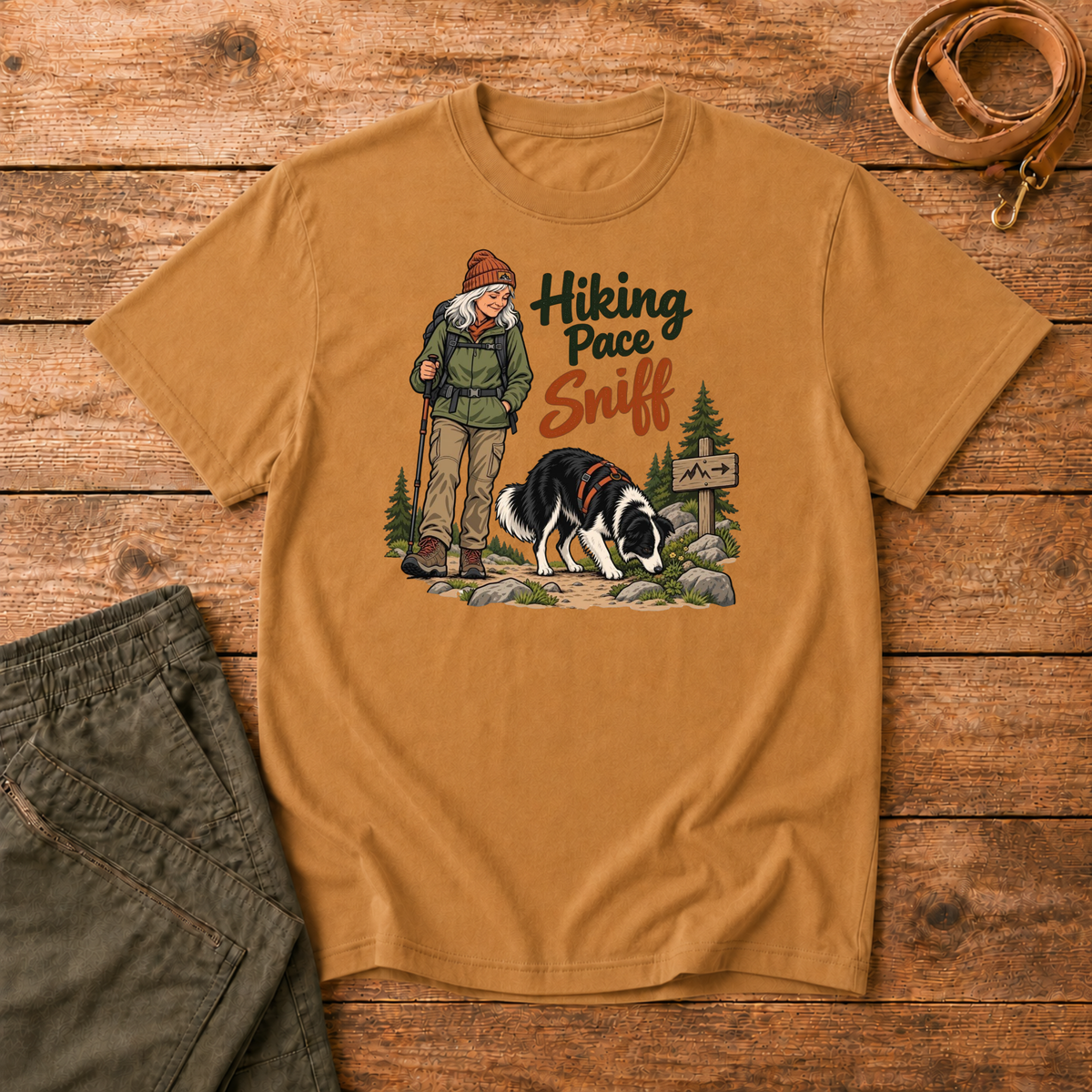 Adventure Dogs Life T-shirt in yam, a burnt orange, featuring a hiker and border collie on a mountain trail with "Hiking Pace Sniff" lettering.